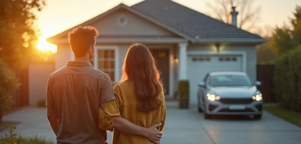 Happy couple stands outside house at sunset