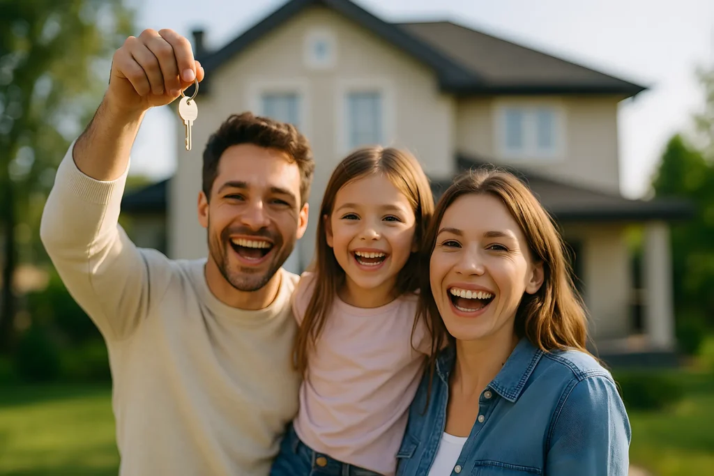 Family celebrates owning their new home with a house key held high in front of their home