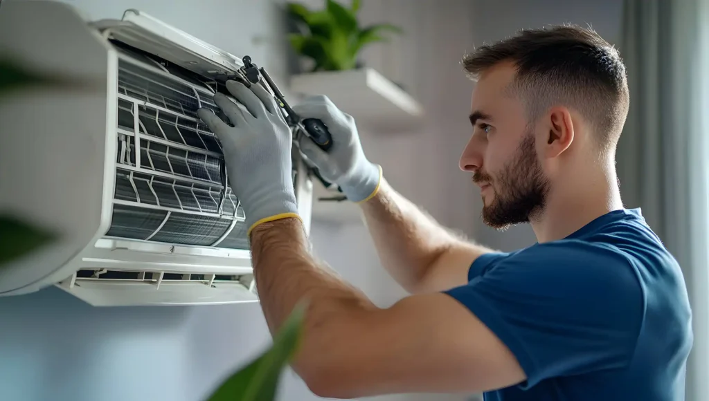 Man repairing air conditioner unit