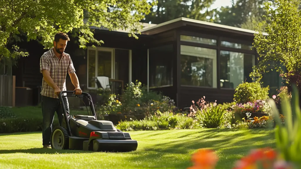 Man mowing the lawn in front of house on a sunny day