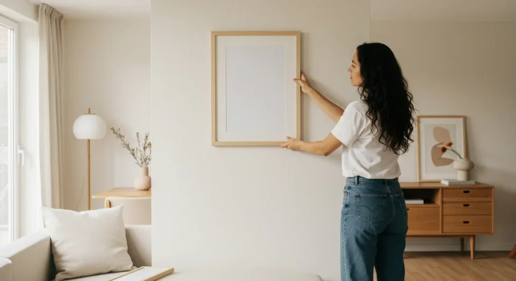 Woman Hanging Blank Picture Frame on Wall in Home Interior