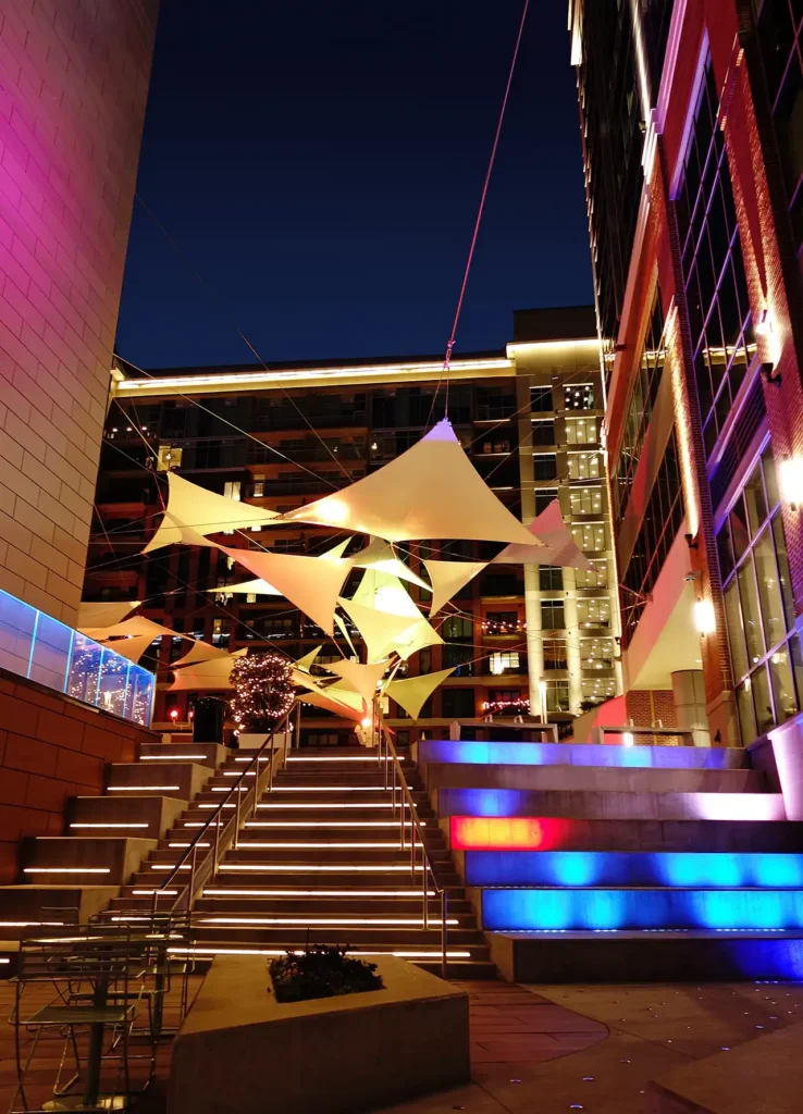 Colorful plaza at night in downtown Greenville, South Carolina