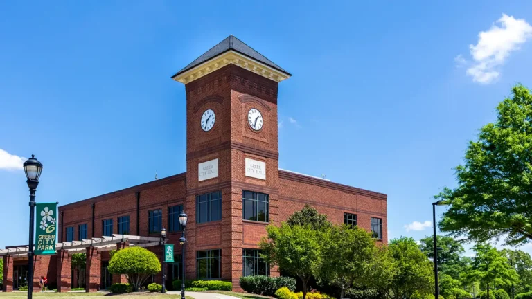 Greer, SC City Hall clock tower and City Park