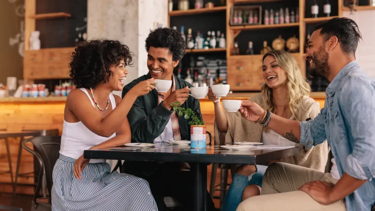 Group of friends at cafe having coffee together: Coffee Shops Greenville SC