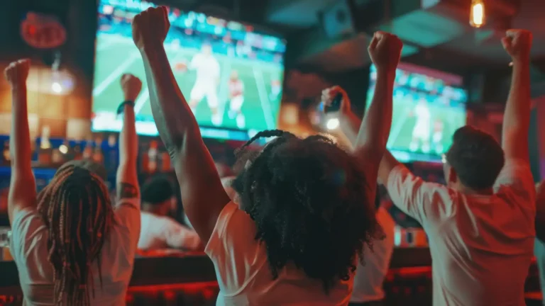Where to watch the Tampa Bay Bucs in Riverview, FL: Patrons at a sports bar cheering together as they watch football on multiple TV screens.